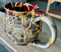 DAY 4, March 21st, 2024: Smashed Mug, Glued Back Together and Gilded with 24 Karat Gold, Non-Functional Sculpture
