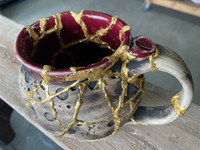 DAY 4, March 21st, 2024: Smashed Mug, Glued Back Together and Gilded with 24 Karat Gold, Non-Functional Sculpture