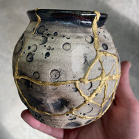 DAY 6, March 23rd, 2024: Smashed Mug, Glued Back Together and Gilded with 24 Karat Gold, Non-Functional Sculpture