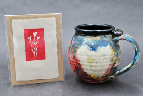 Pluto Mug, Brightly Colored, w/24 karat gold Thumb Spot, Simple Black Interior, roughly 18oz size (SK000351) + Handmade Paper Card