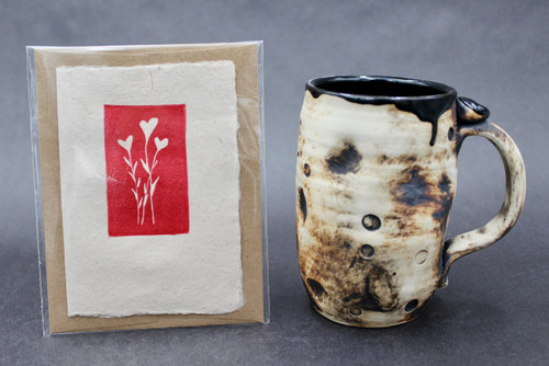 Smooth Asteroid Mug w/Iron Rust Exterior, Black Interior, roughly 14-16 oz. size, (SK000361) + Handmade Paper Card