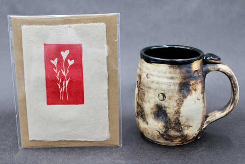 Small, Smooth Asteroid Mug w/Iron Rust Exterior, Black Interior, roughly 10-12 oz. size, (SK000363) + Handmade Paper Card