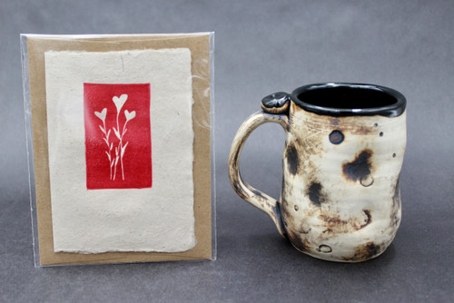 Small, Smooth Asteroid Mug w/Iron Rust Exterior, Black Interior, roughly 11-13 oz. size, (SK000364) + Handmade Paper Card