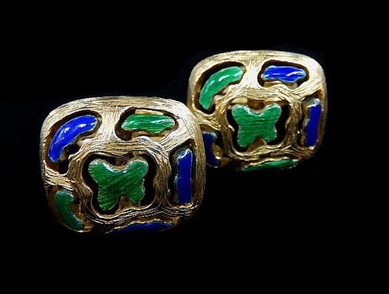 BLUE~GREEN ENAMEL GOLD CUFF LINKS - 4484b3059