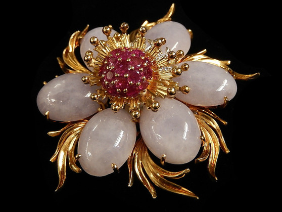 DIAMOND~RUBY~LAVENDER JADE BROOCH
