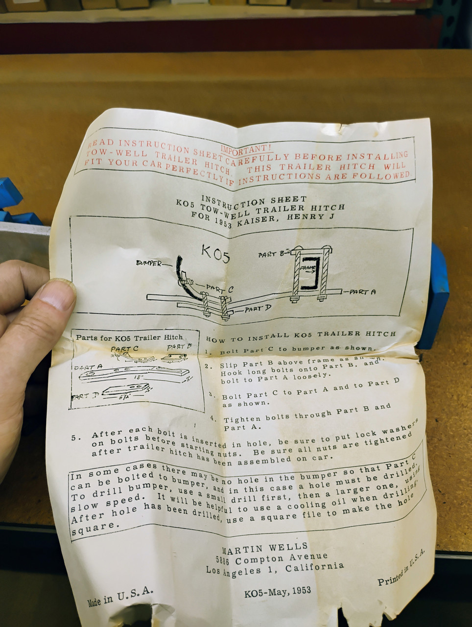 Tow-Well KO5 Trailer Hitch 1953 Kaiser Henry J NORS Made in USA