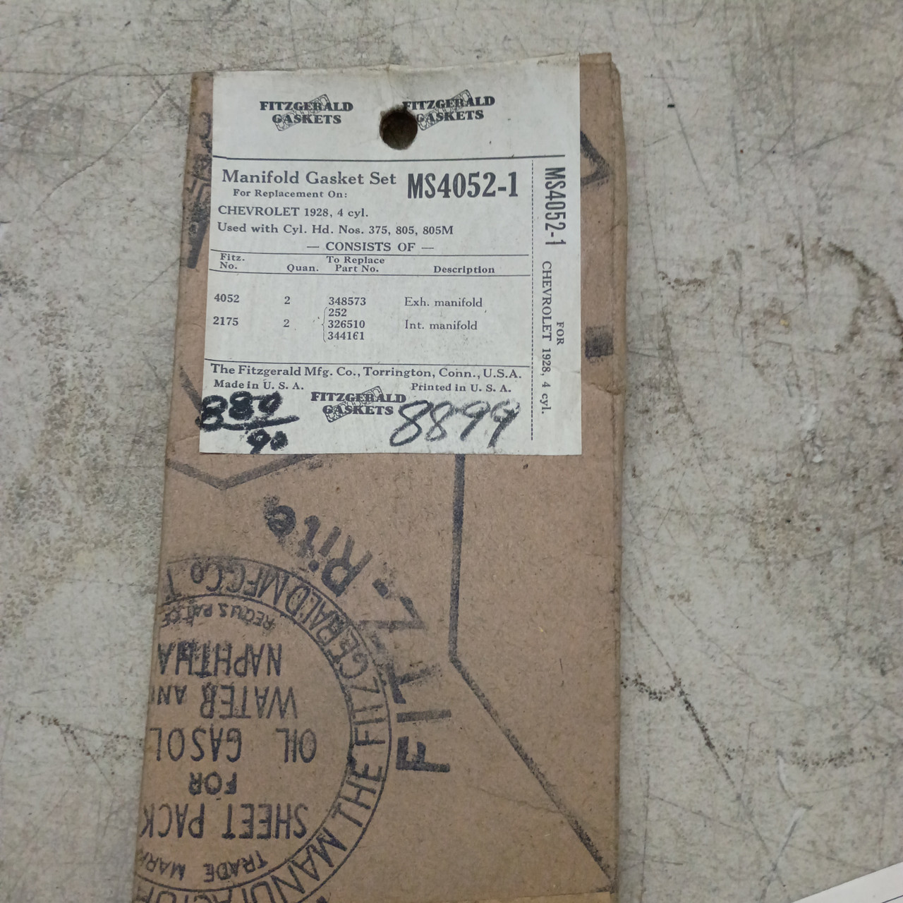 Fitzgerald MS4052-1 Manifold Gasket Set for 1928 Chevrolet 4-Cyl restoration - Image 1