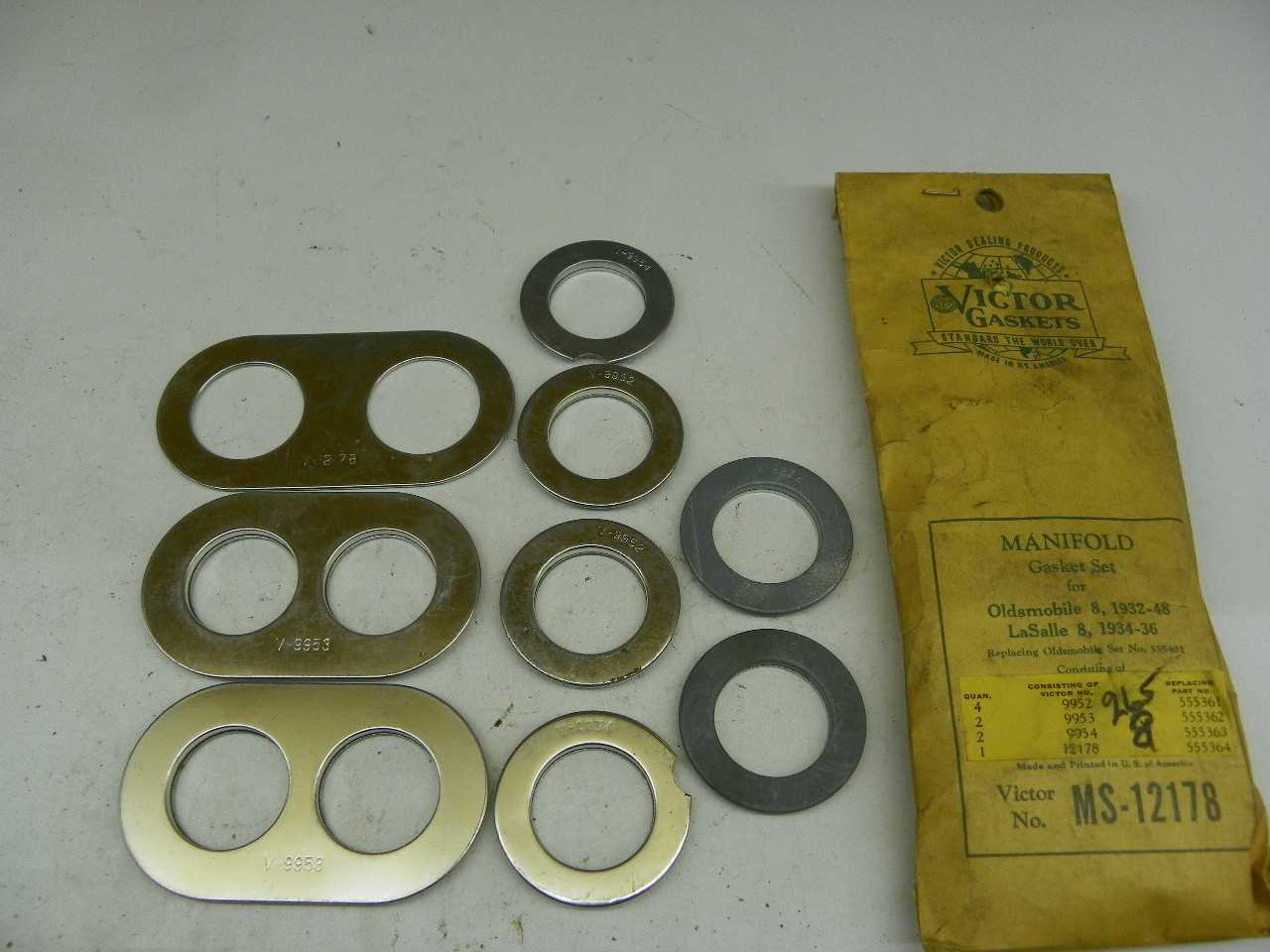 Victor MS-12178 Manifold Gasket Set for 1932-48 Oldsmobile 8 and 1934-36 LaSalle 8 restoration. - Image 1