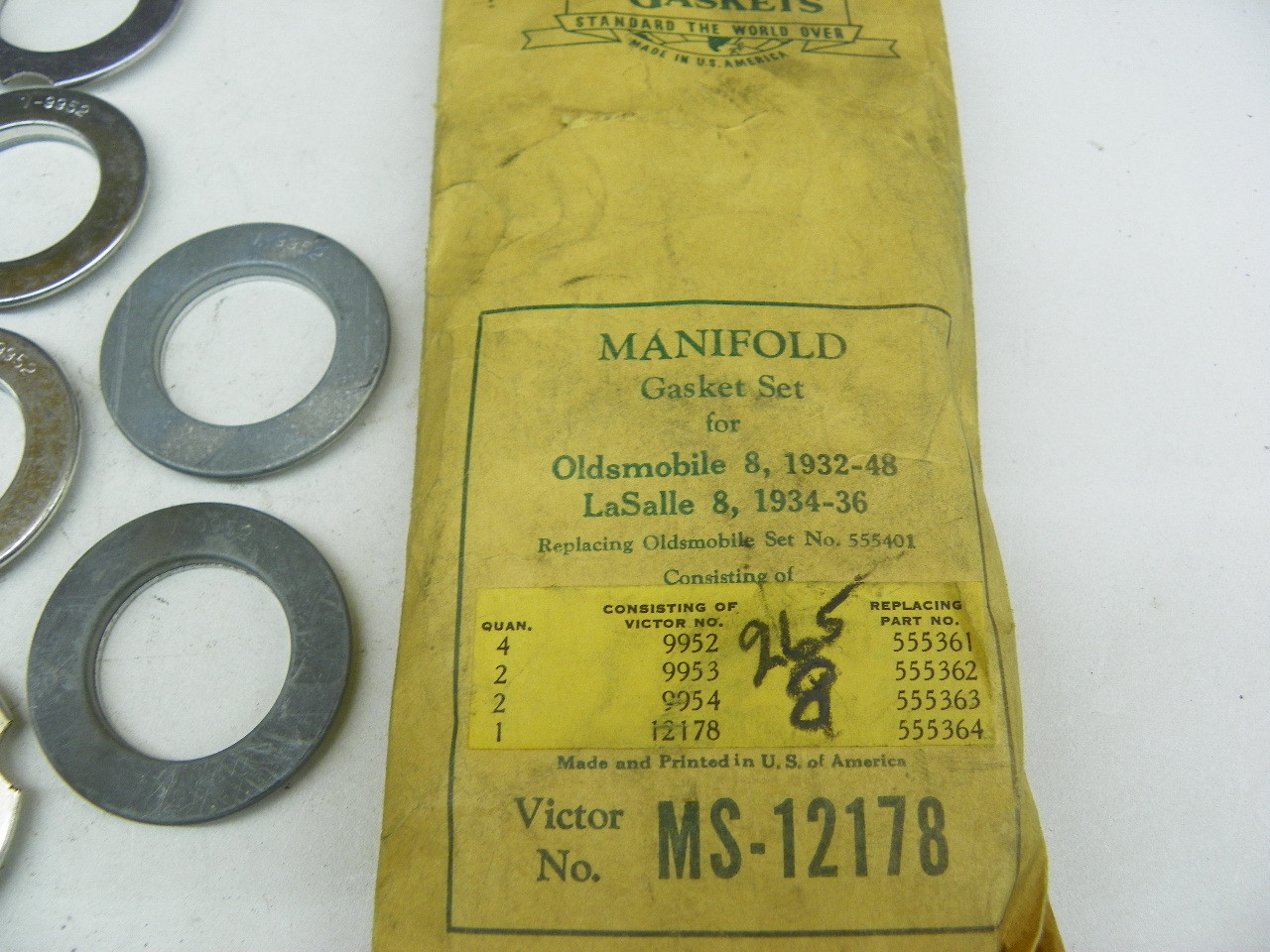 Victor MS-12178 Manifold Gasket Set for 1932-48 Oldsmobile 8 and 1934-36 LaSalle 8 restoration. - Image 2