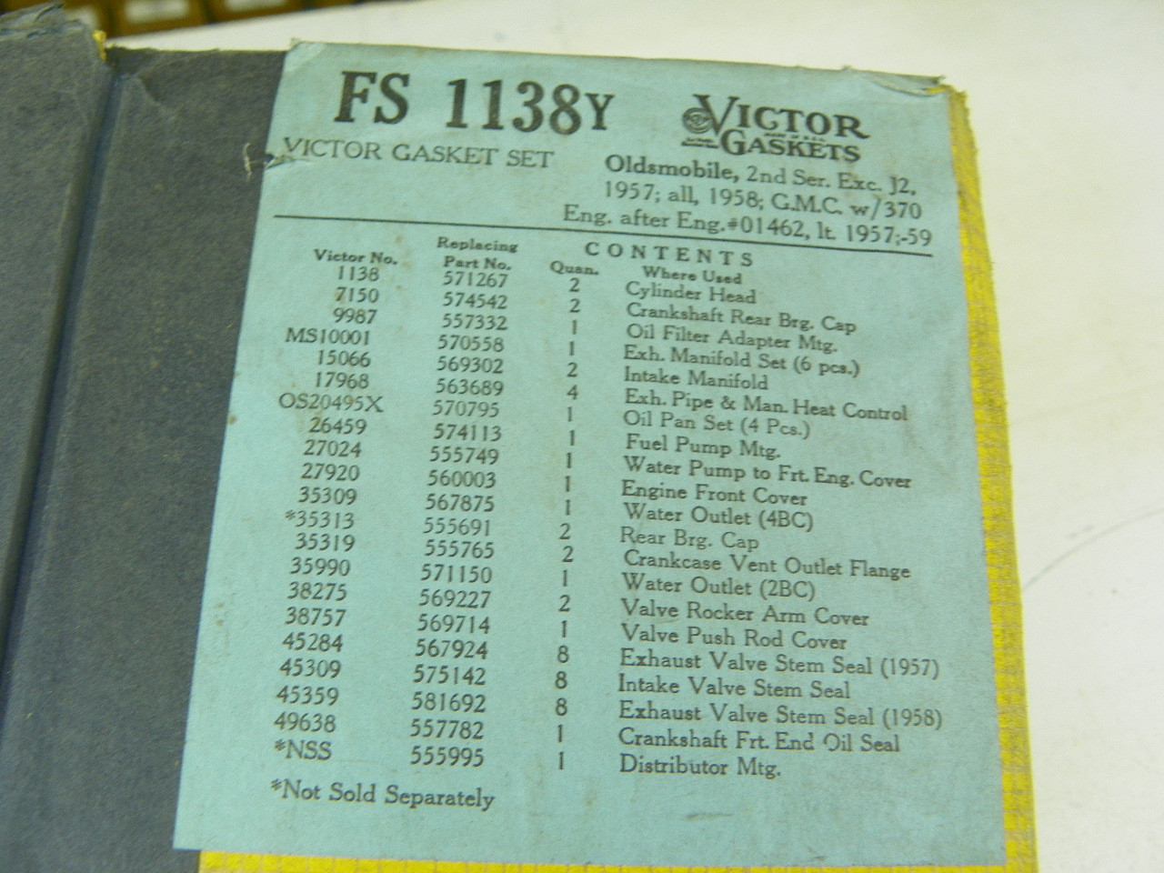 Victor FS1138Y Gasket Set for 1957-1959 Oldsmobile 370ci V8 engine restoration. - Image 3
