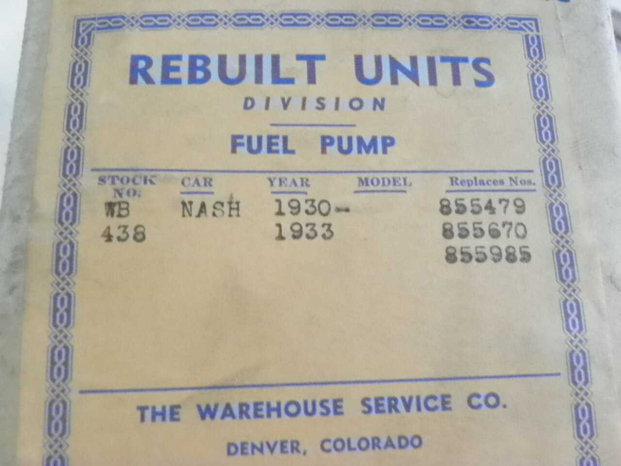 Nash 1930-33 Gold Band Fuel Pump Part No.: 438 Nash 1930-33 Gold Band Fuel Pump Part No.: 438