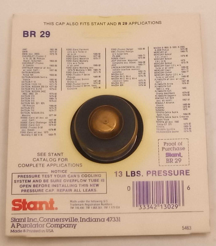 Stant Radiator Cap BR29 Blister Pack (R-29) 13 LB 66-83 Ford (see desc for more)