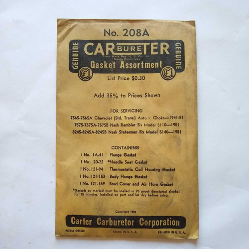 No. 208A Carter Carburetor Gasket Assort 41-51 Chevrolet 51 Rambler 51 Statesman. Shop vintage car parts at ocpnw.com!