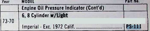 Chrysler Imperial 1970-73 New Oil Pressure Switch PS111 made in USA (see desc)