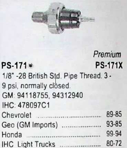 Chevrolet 1985-89 IHC 1972-80 Standard Oil Pressure Switch PS171