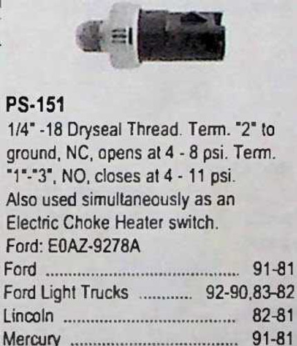 Ford Merc 1981-91 Lincoln '81-82 Standard Oil Pressure Switch PS151