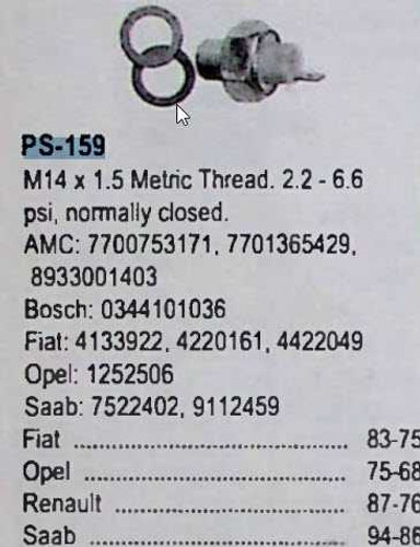 Standard Oil Pressure Switch PS159 fits Fiat Opel Renualt late 1970s (see desc)