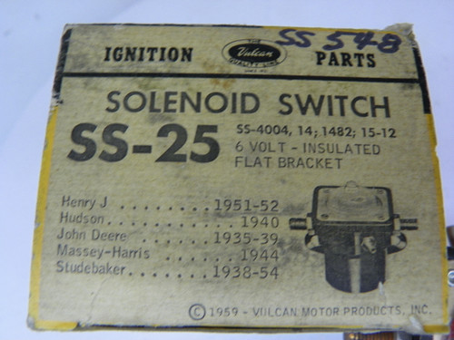 Vulcan SS-25 Solenoid Switch for 1938-1954 Studebaker Henry J Hudson 6 Volt restoration. - Image 2