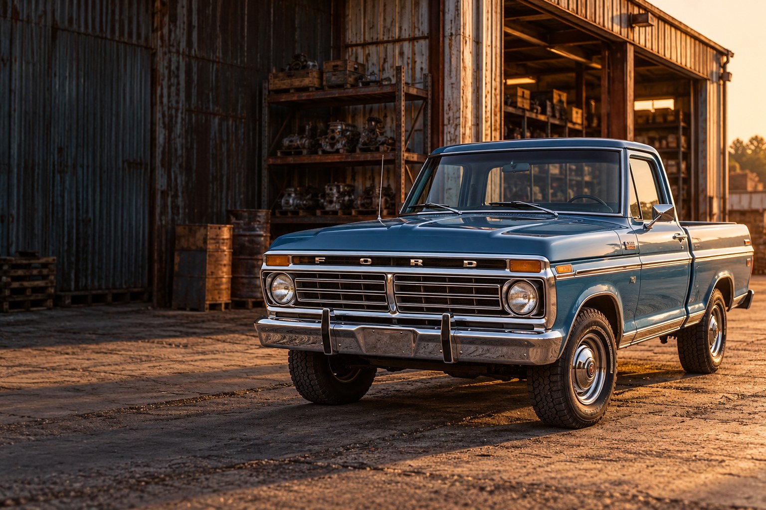Blue vintage Ford pickup outside a weathered parts warehouse — concept imagery