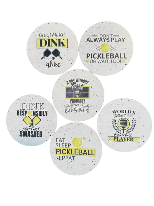 Pickleball Themed - 12 Items For $25 - Coasters, License Plate Frame, Luggage Tags, Wine Tote & Towels