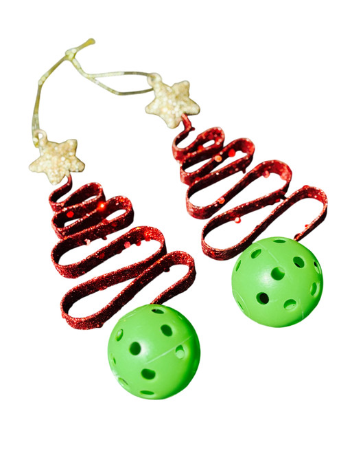 (2) Red Glitter Christmas Tree Ornaments - Metal 6" - Includes a Hanging Green Pickleball