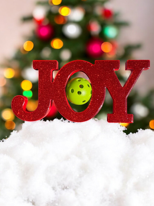 Red "JOY" Wooden Christmas Tabletop Sign (with a pickleball) - Makes A Charming Holiday Accent
