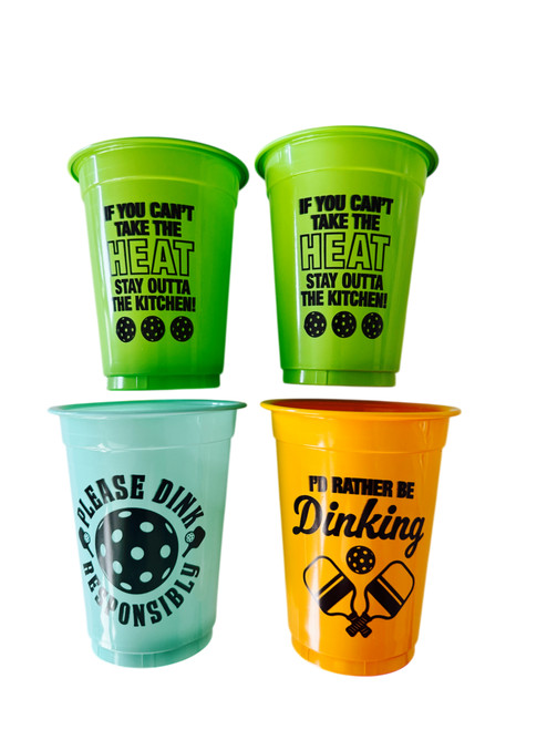 "(4) Pickleball Plastic Cups" & (4) Pickleball Coasters - Combo - Each - Featuring Unique Pickleball Theme Designs