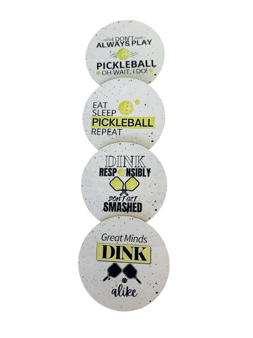 "(4) Pickleball Plastic Cups" & (4) Pickleball Coasters - Combo - Each - Featuring Unique Pickleball Theme Designs