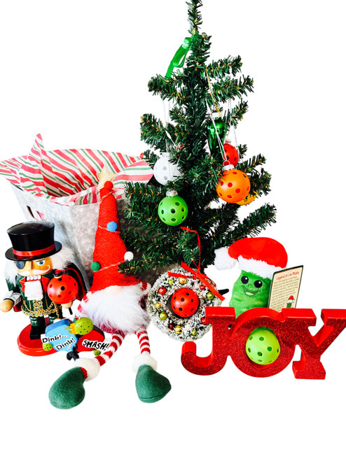 Christmas Edition - Pickleball Gift Basket - Filled w/ 13 Pickleball Holiday Gifts & Ornaments