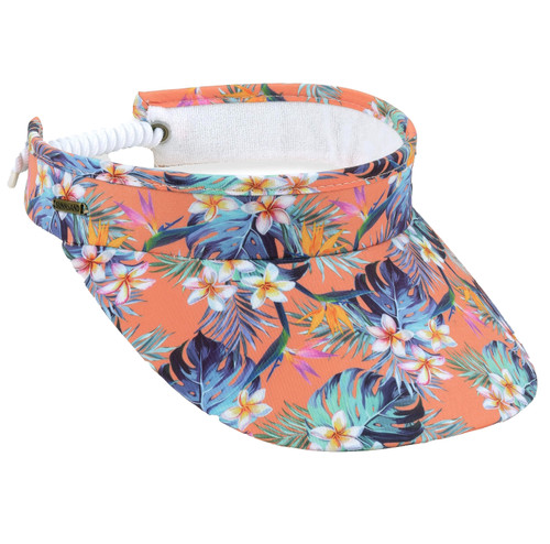Women's Adjustable Coil Visor by Sun N' Sand – "Solid Orange/Blue Flowers" - Cotton Visor w/ Coil" - UV 50 Protection