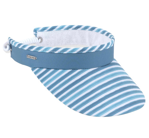 Women's Adjustable Coil Visor by Sun N' Sand – "Blue Stripe"- Cotton Visor w/ Coil" - UV 50 Protection