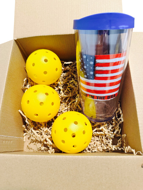 16 oz Tumbler & Pickleball Ball Bundle - Includes a Thermal Insulated Pickleball Designed Tumbler w/a Slider Lid & w/ 3 Outdoor (Core) Pickleball Balls - in a Gift Box!
