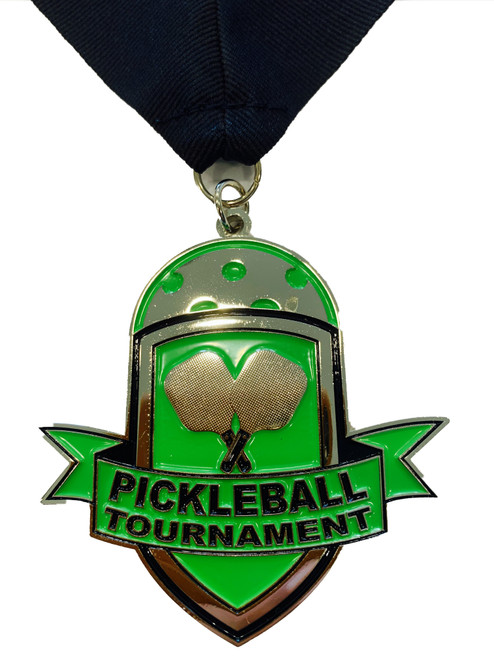 Pickleball Medal - SILVER - 3' Pickleball Medal Award with Free V Shaped Ribbon, One Size