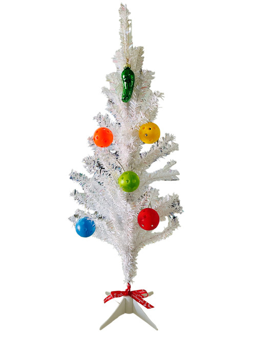 24" White Tinsel Christmas Tree w/ 5 Small Pickleballs And a Pickle Ornament