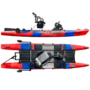 Blue Sky Boatworks Angler - Top and Side Views, pictured in Dusk (royal blue & red)