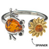 Amber Sterling Silver Frog/Flower Spinner Adjustable Ring