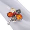 Multi-Color Amber Sterling Silver Flower Adjustable Ring. Green, citrine, cognac, and cherry-colored genuine Baltic amber stones are set in .925 sterling silver. Elegant adjustable flower design.