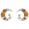 Cat Moon Cognac Amber Sterling Silver Stud Earrings