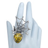Green Amber Spider on Web Sterling Silver Adjustable Ring