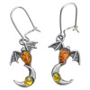 Multi-Color Amber Sterling Silver Bat and Moon Earrings on Hooks