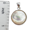 Mother of Pearl Sterling Silver Pendant.
A round mother-of-pearl shell is set in .925 sterling silver.