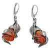 Rose Cognac Amber Silver Earrings On Hooks