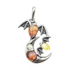 Multicolor Amber Sterling Silver Bat And Moon Pendant