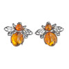 Cognac Amber Bee Silver Stud Earrings