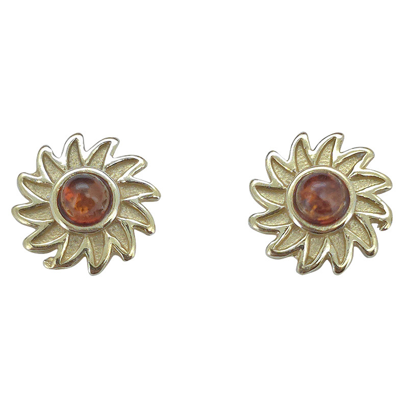 Cognac Amber Gold Plated Silver Flower Stud Earrings - Amberman