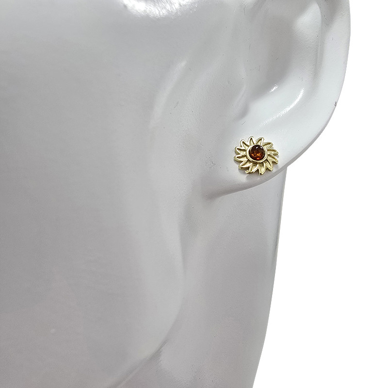 Cognac Amber Gold Plated Silver Flower Stud Earrings - Amberman