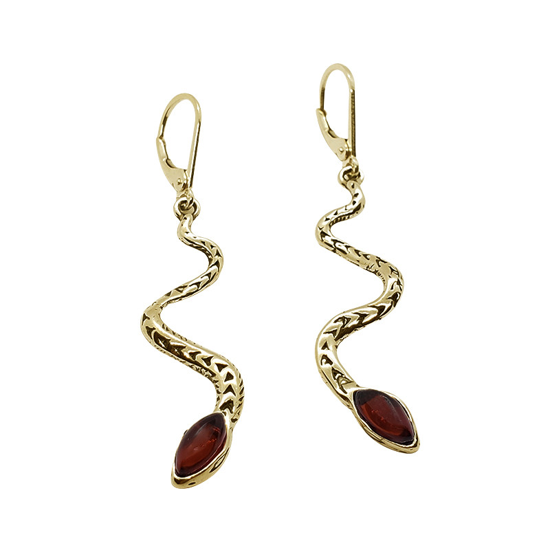 Cherry Amber Gold Plated Silver Snake Earrings On Hooks - Amberman