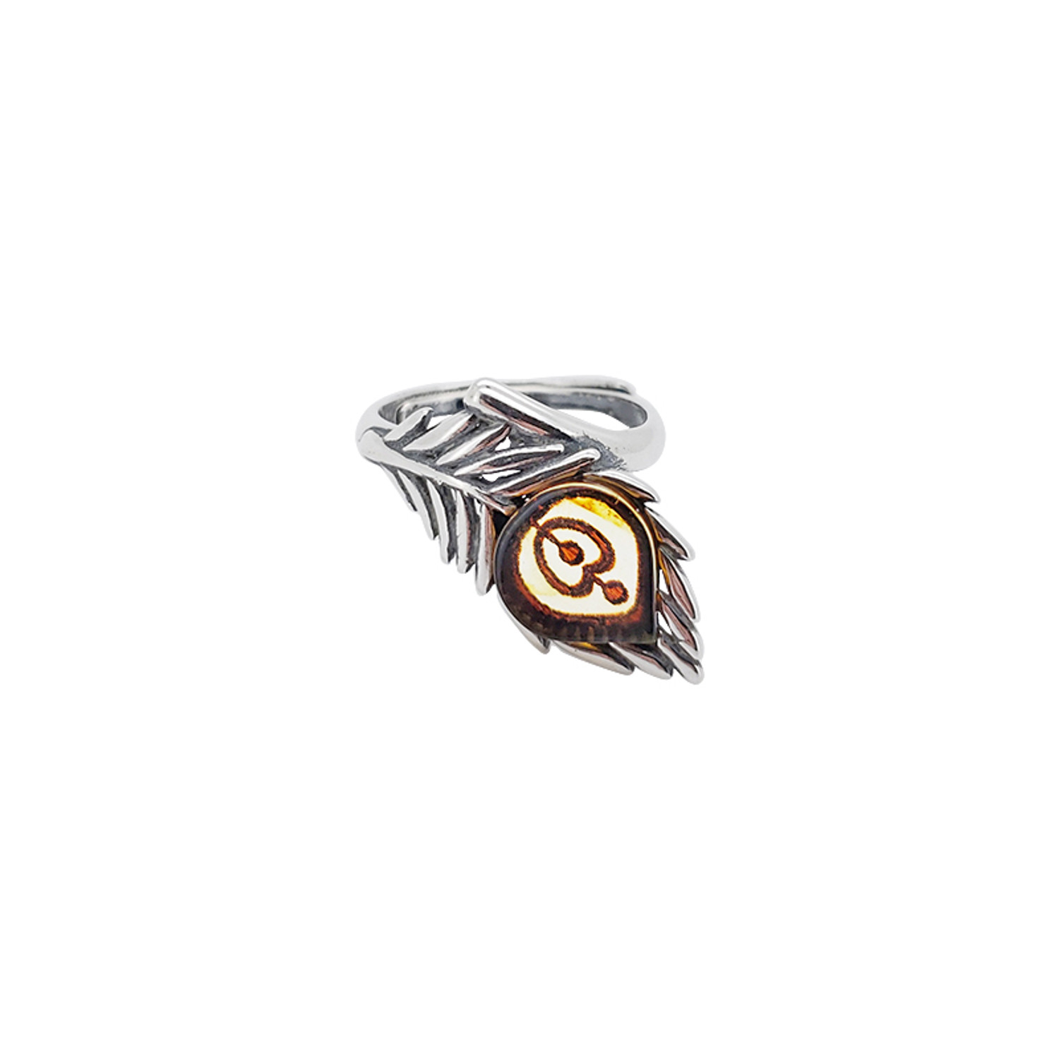 Feather Cameo Amber Sterling Silver Adjustable Ring Amberman