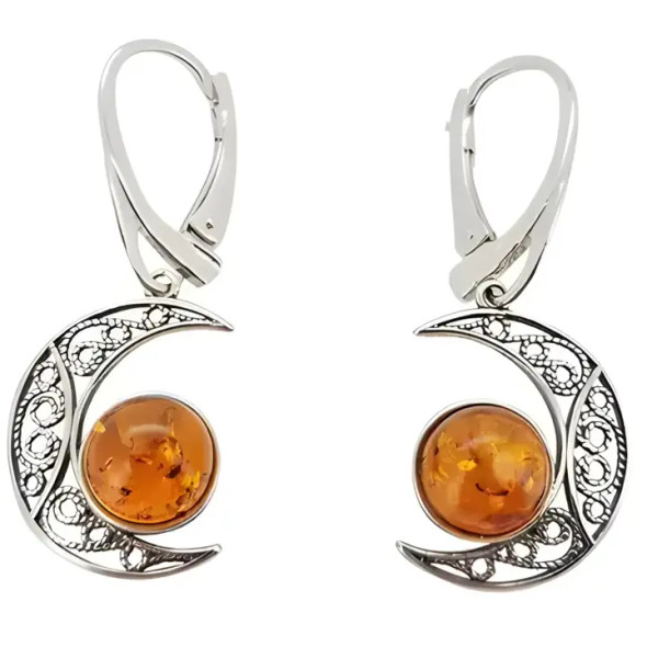 Moon Cognac Amber Sterling Silver Earrings On Hooks