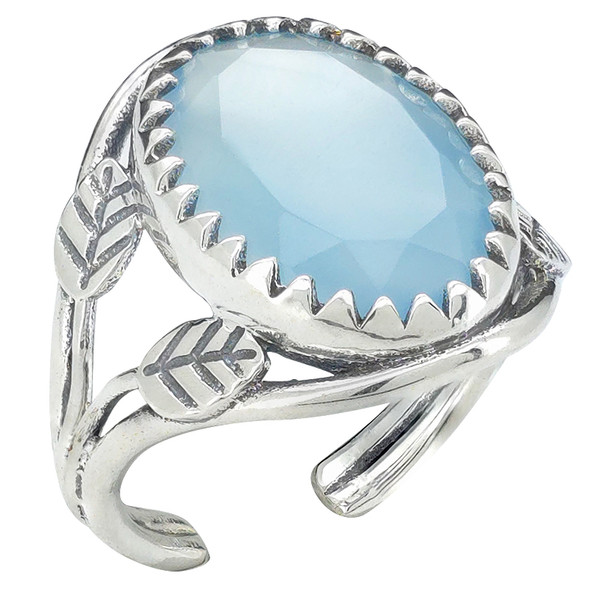 Faceted Blue Chalcedony Leaf-Design Adjustable Ring
